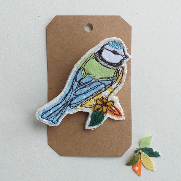 Embroidered Blue-tit Brooch