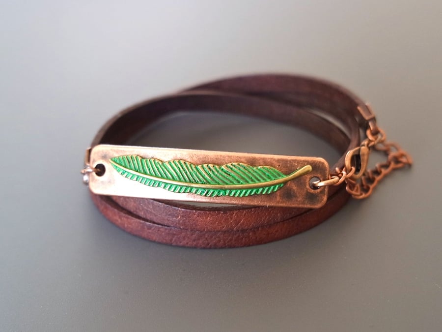 Leather wrap bracelet - feather patina green copper plated rectangular