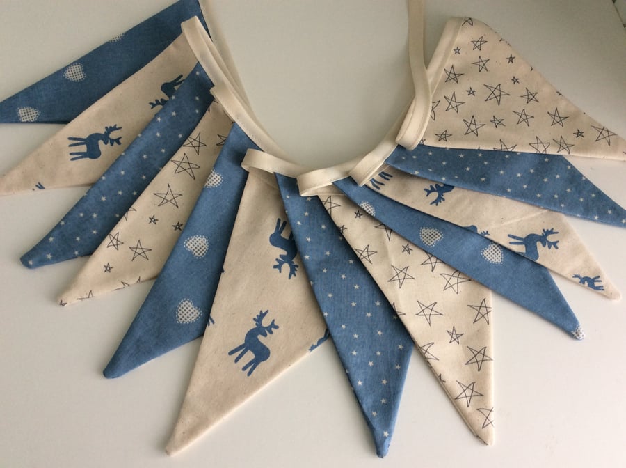 Christmas Bunting - 12 flags Scandinavian Style in Blue with reindeer and hearts