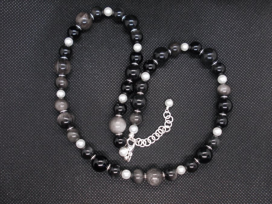 SALE - Silver obsidian and shell pearl necklace
