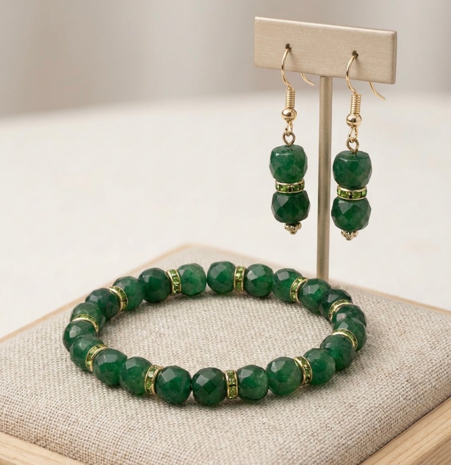 Handmade Dark Green Chalcedony and Emerald Rhinestone Jewellery Set