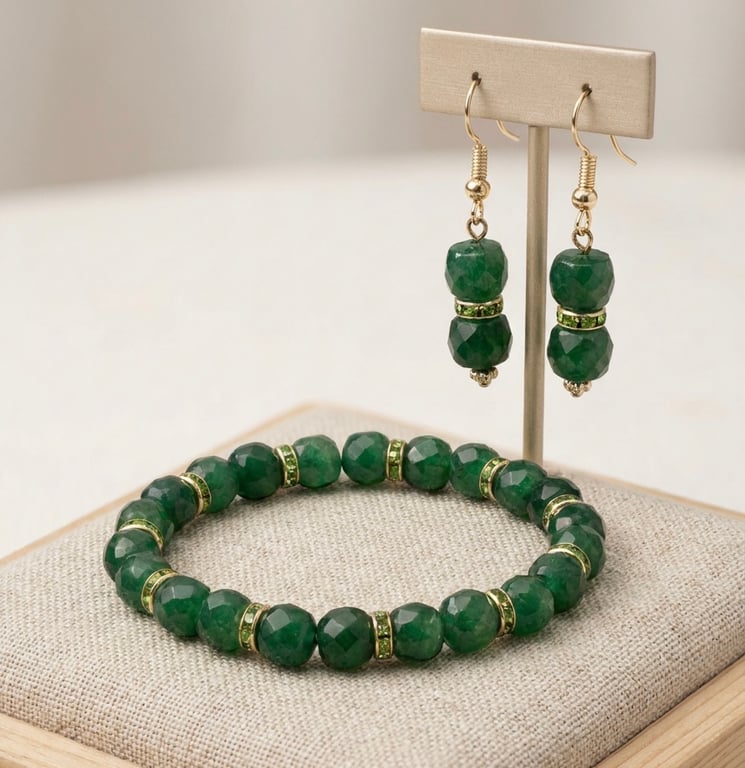 Handmade Dark Green Chalcedony and Emerald Rhinestone Jewellery Set