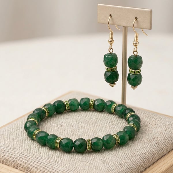 Handmade Dark Green Chalcedony & Emerald Rhinestone Jewellery Set