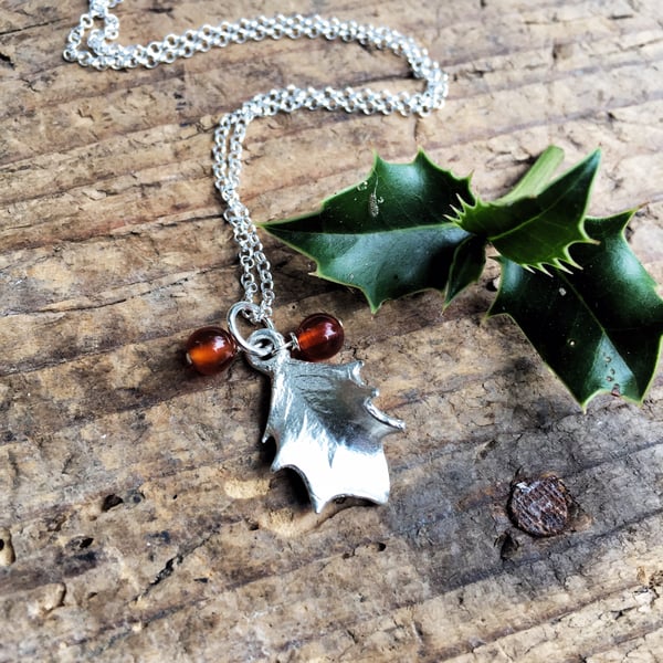 Sterling silver small holly leaf necklace, Christmas gift 