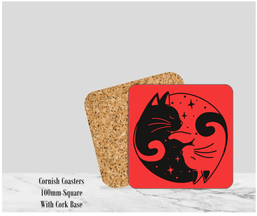 Red  Yin & Yang Cat Coaster 4" Square With Cork Base