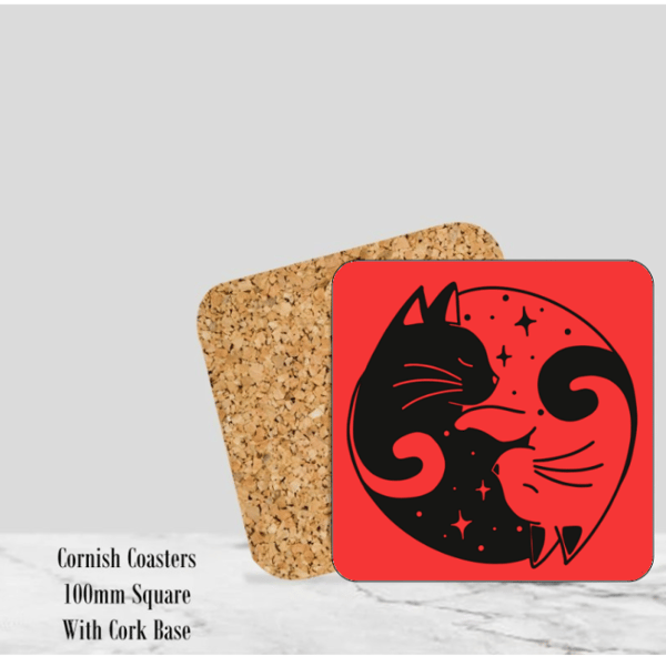 Red  Yin & Yang Cat Coaster 4" Square With Cork Base