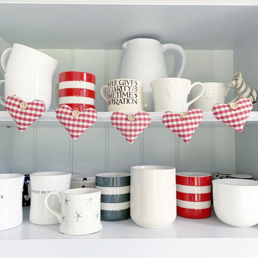 HEARTS BUNTING - red and white gingham with lavender