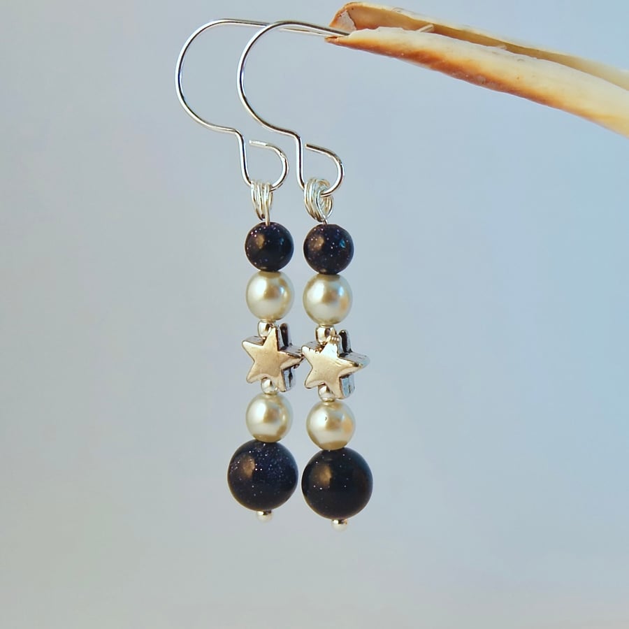 Blue Goldstone Earrings, Stars & Pearls, Birthday, Valentine, Mother's Day Gift