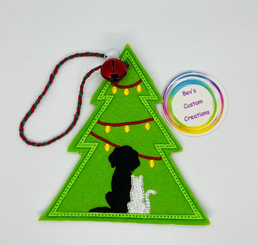 Embroidered Hanging Tree with dog and cat