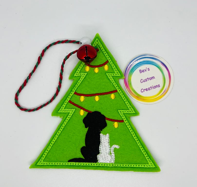 Embroidered Hanging Tree with dog and cat