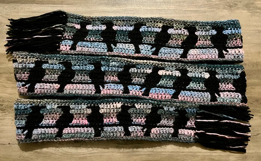 Crochet Murder of Crows on a Wire Mosaic Scarf 