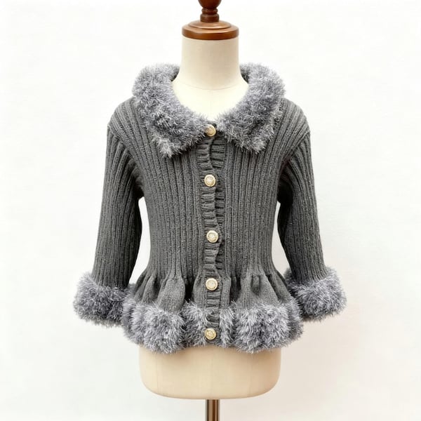 Grey knitted girls cardigan with tinsel yarn 30 inch chest 