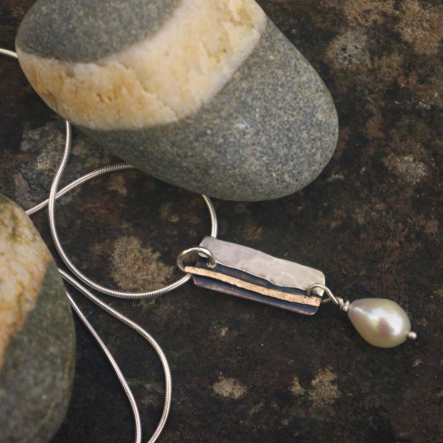  Silver and Gold Coastal  Necklace with  Freshwater Pearl