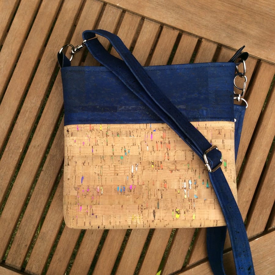 Cork fabric cross body bag, shoulder bag. Navy,  natural with multicolour flecks