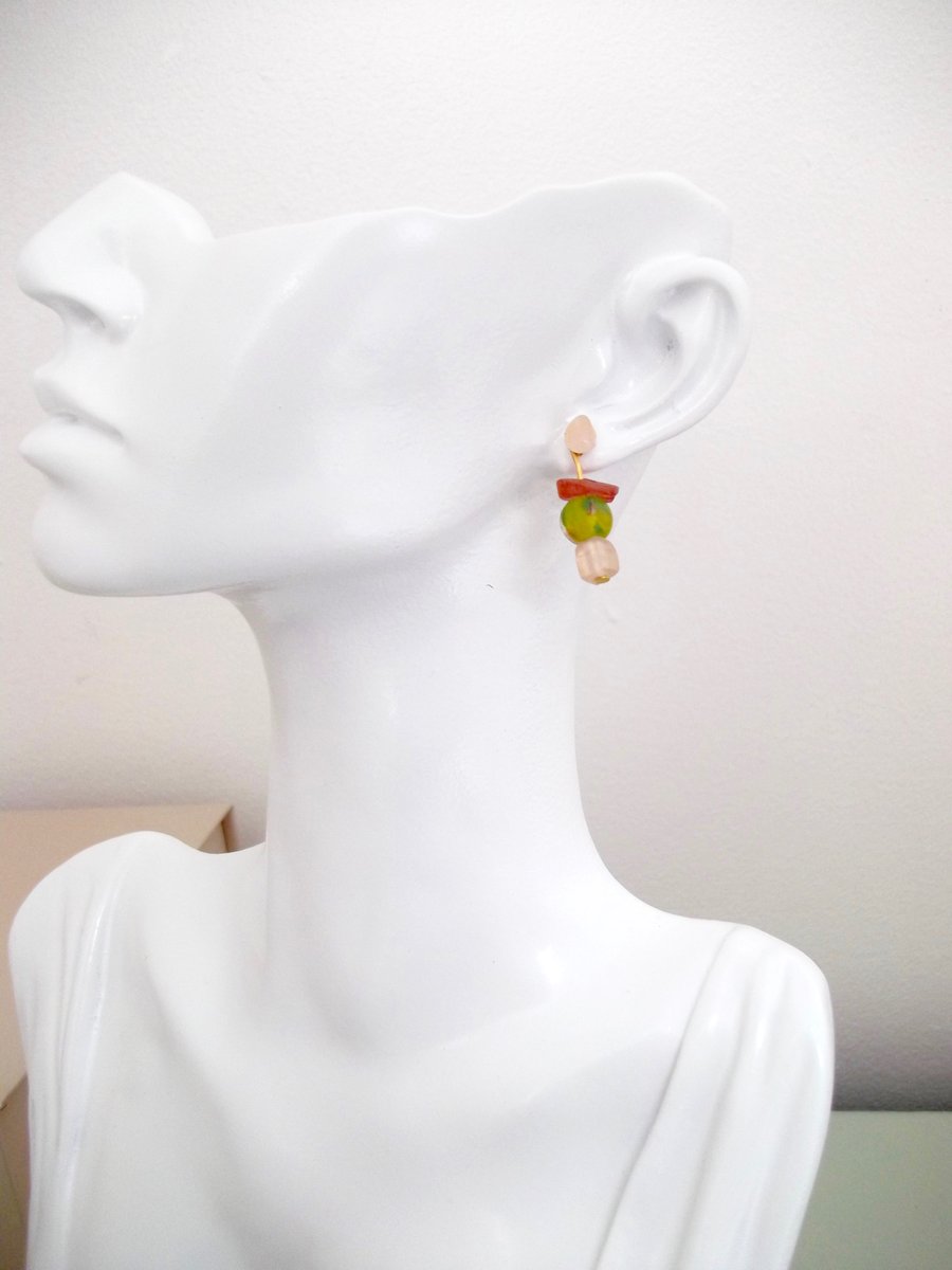  Peach & Rose Quartz Small Drop Earrings Czech Glass Floral Bead,