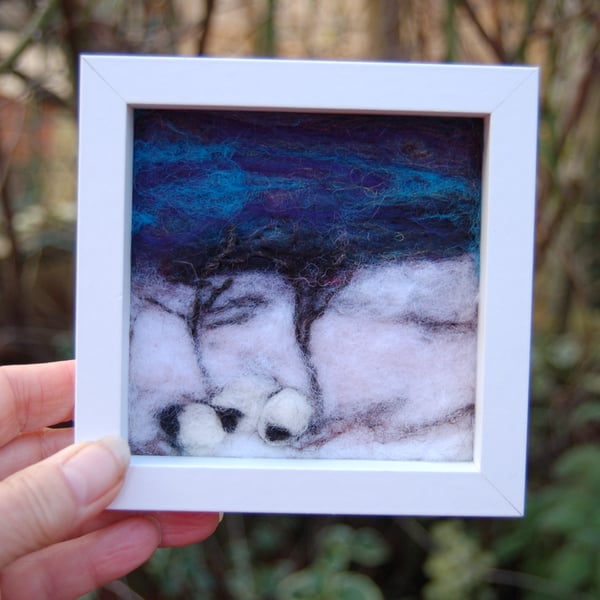 Snow covered landscape - Needle felted and hand embroidered  framed picture - 