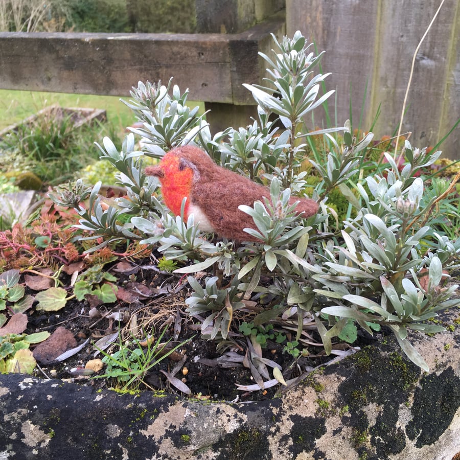Needle felted robin redbreast, decorative plant stake