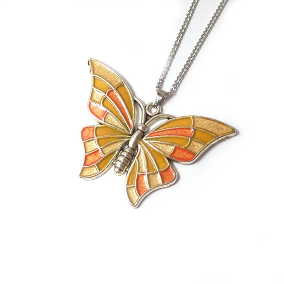 Butterfly pendant in gold, yellow and orange enamels, handpainted necklace