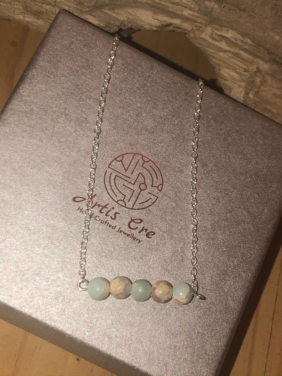 Blue snakeskin Jasper 5 stone bar necklace sterling silver cream red blue