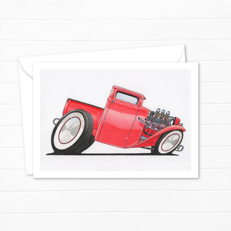 Red Pick Up Truck Greeting Card: Hand Drawn Classic American Design (411)