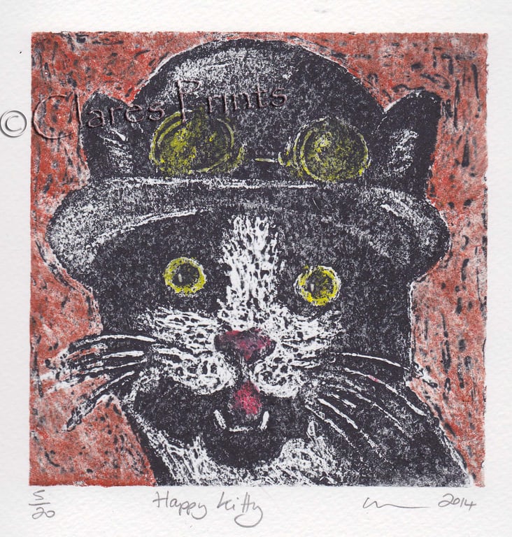 Happy Kitty Cat Art Limited Edition Hand-Pulled Collagraph Print Coloured
