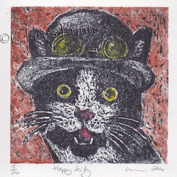 Happy Kitty Cat Art Limited Edition Hand-Pulled Collagraph Print Coloured