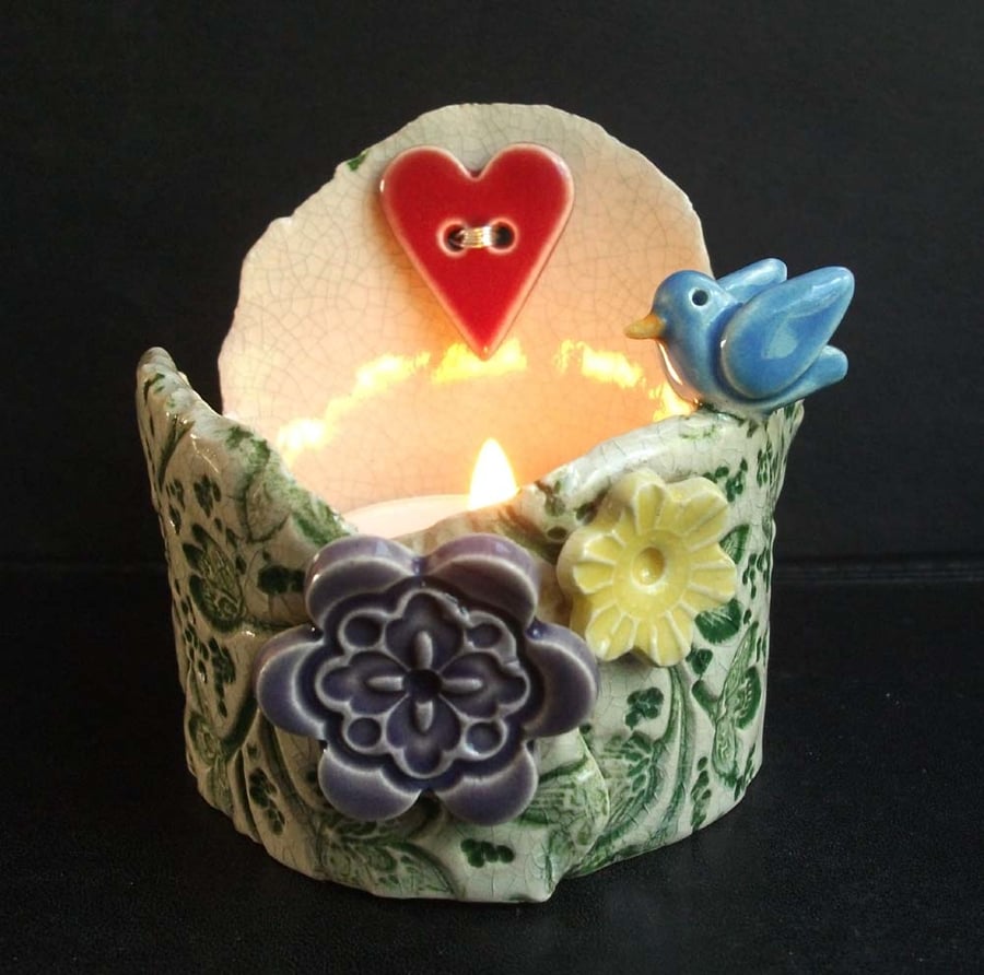 Spring flowers and bird ceramic candle holder