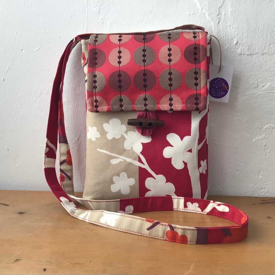 Red and Taupe Floral Print, Small Crossbody Lined Bag
