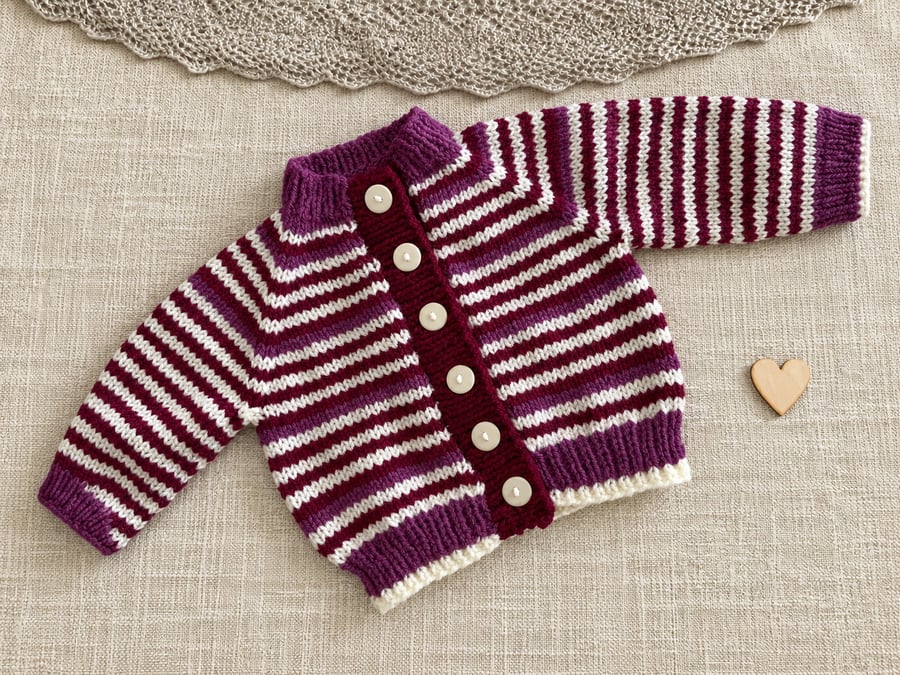 Hand Knitted Striped Baby Cardigan – Berry Pink & Cream 6–12 Months