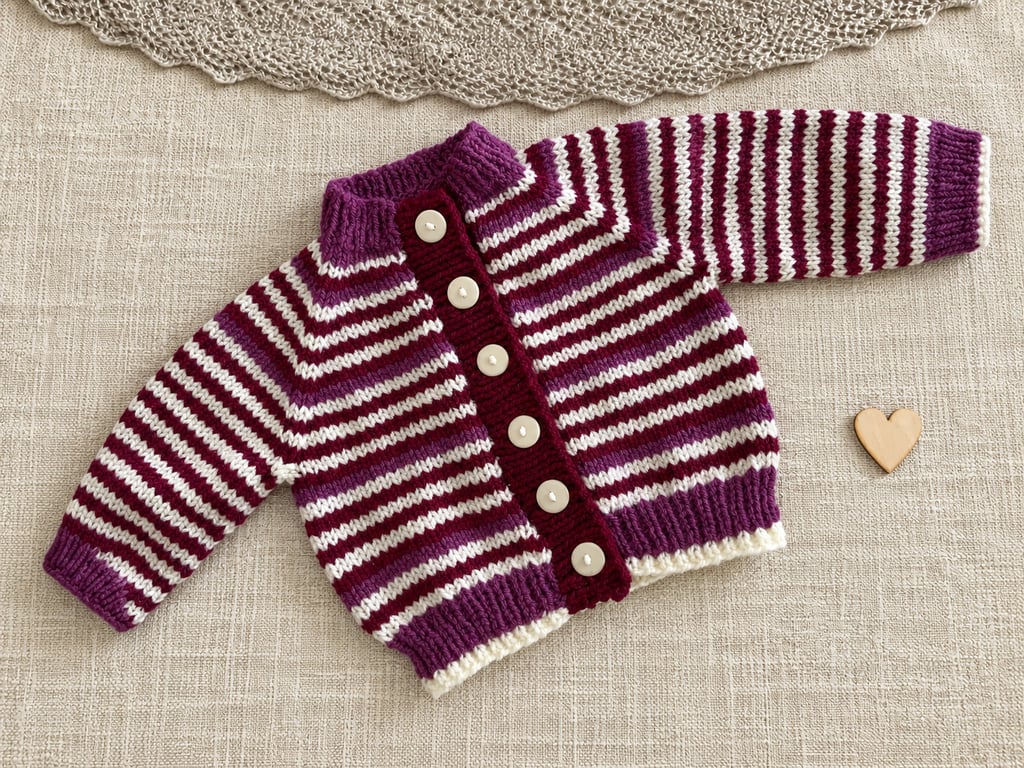 Hand Knitted Striped Baby Cardigan – Berry Pink & Cream 6–12 Months