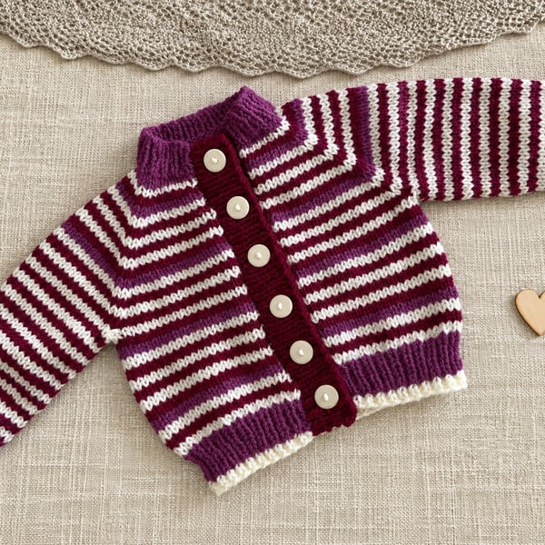 Hand Knitted Striped Baby Cardigan – Berry Pink & Cream 6–12 Months
