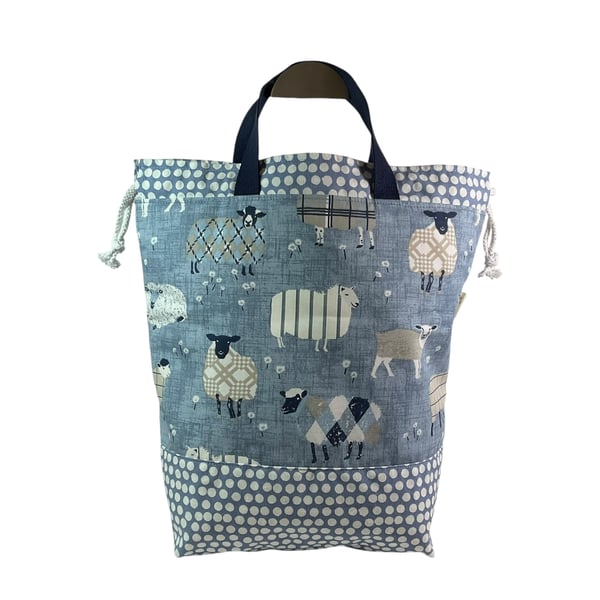 Extra Large drawstring knitting and project bag with blue sheep print,
