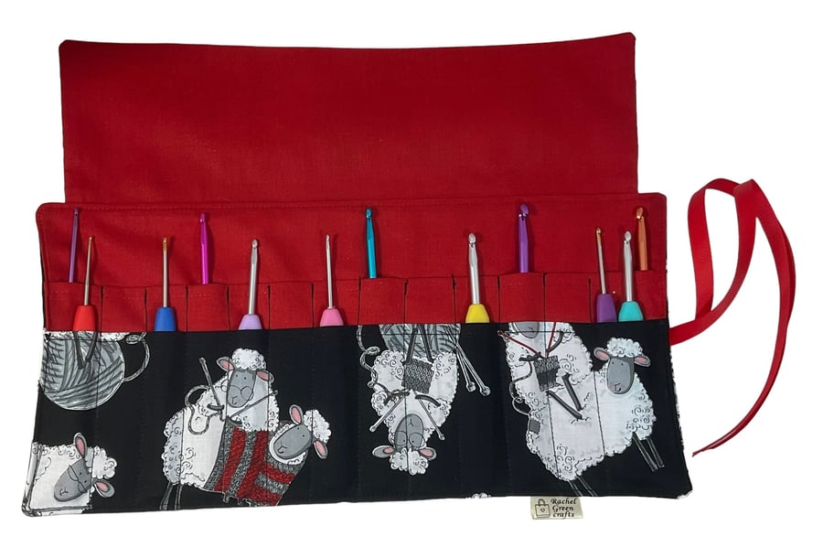 Crochet hook case with knitting sheep, ergonomic hook organiser, roll up case, S