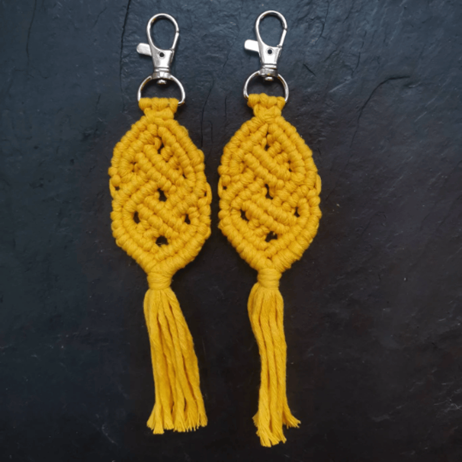 Macrame Celtic Knot Keyring, Boho Keychain, Bag Charm - Warm Yellow