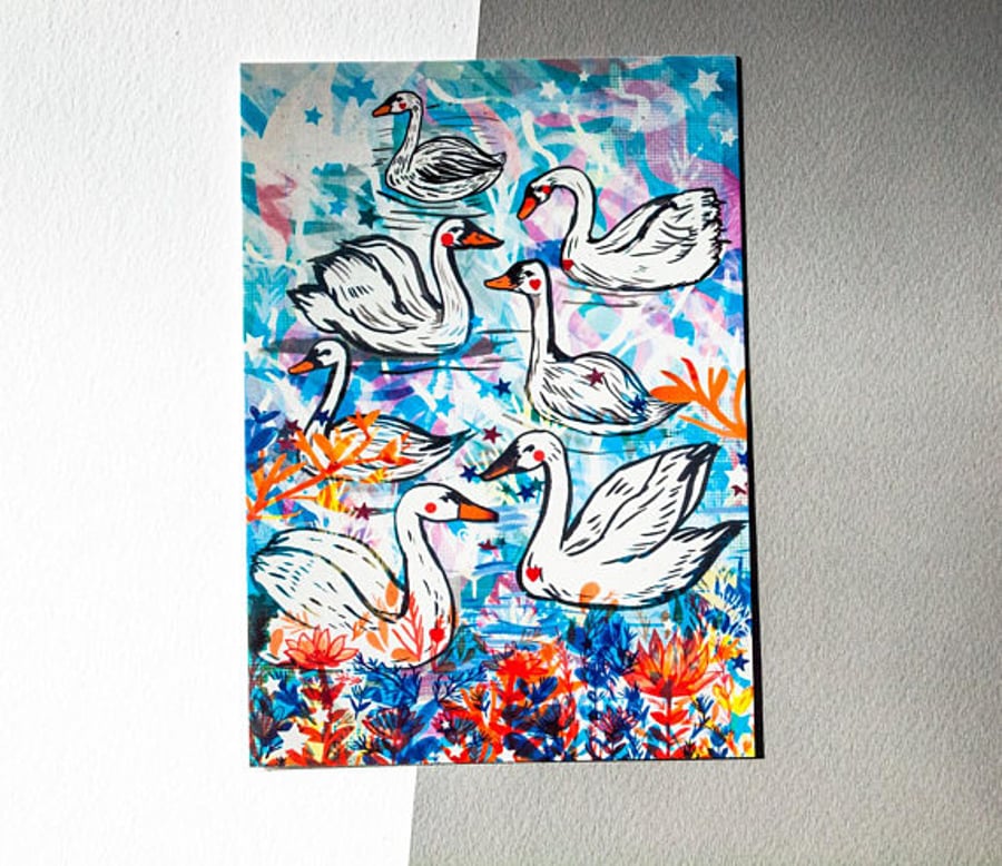 Swans Illustrated Postcard - Illustration - Bird Lovers - Small Art - Illustrate