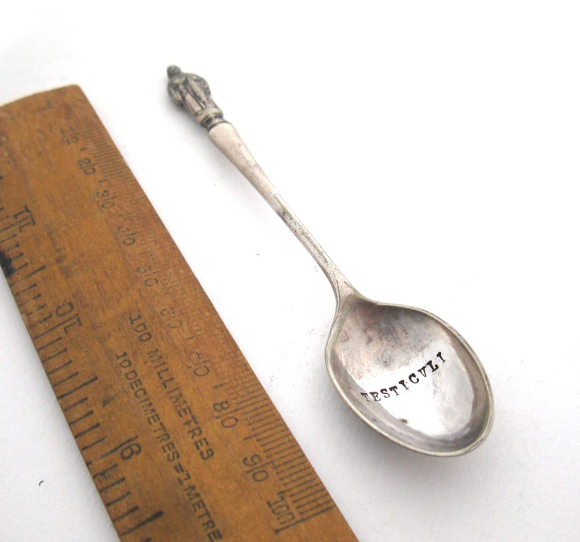 Handstamped Rude Latin Apostle Coffeespoon, Testiculi