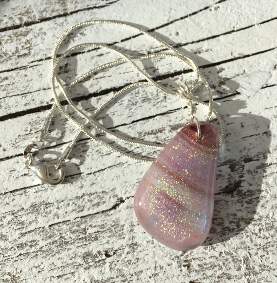 Silver & Glass Necklace in Dusky Pink with Dichroic Detail