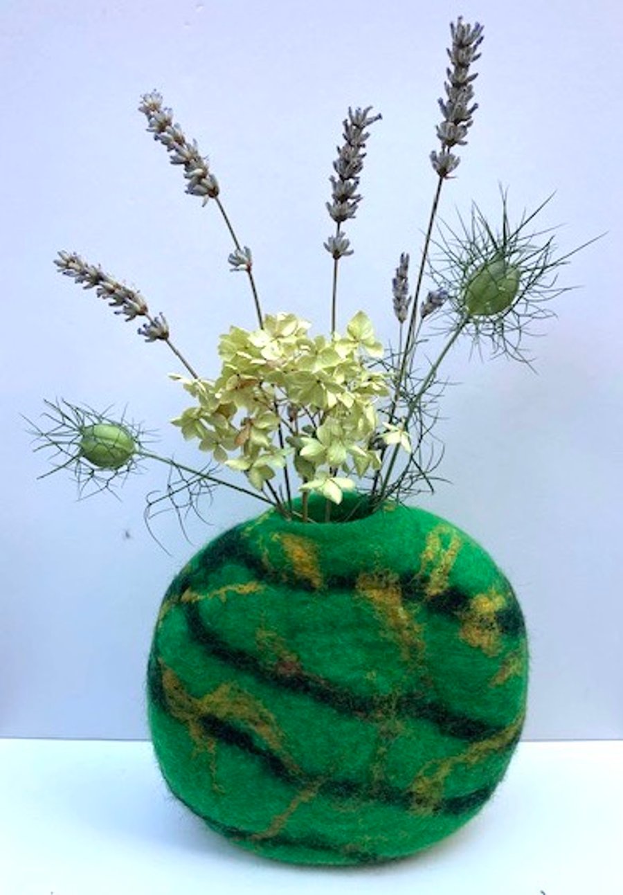 Felted green and gold wool vase.