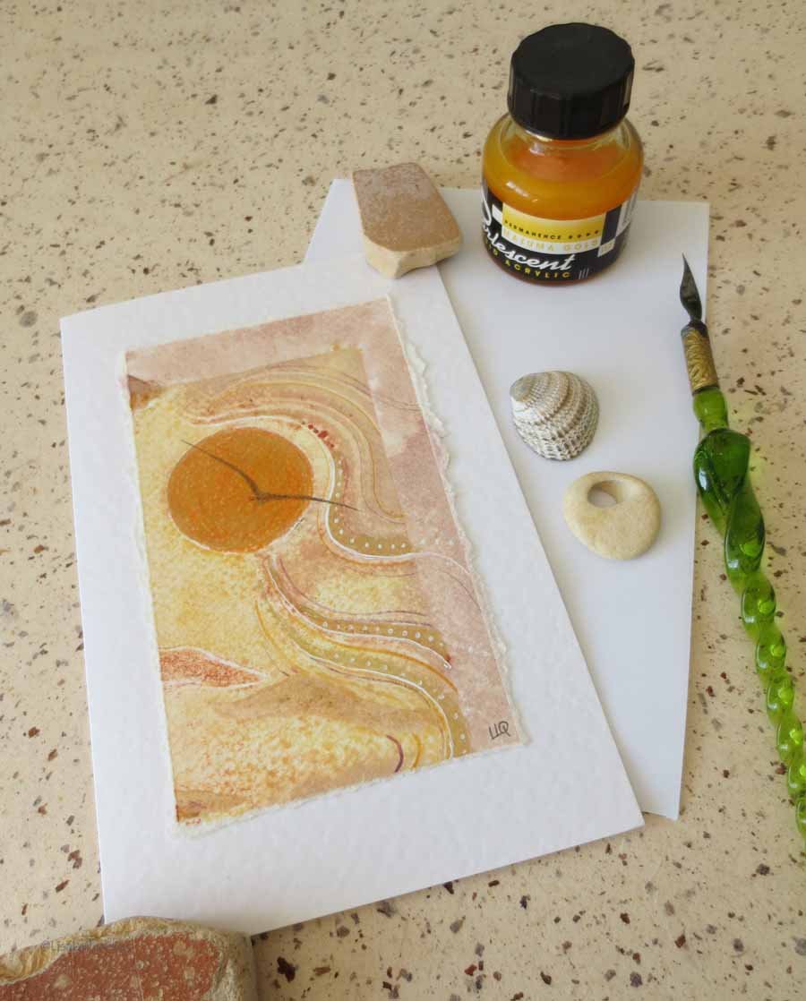 Handmade painted and drawn blank art card gull at sunset