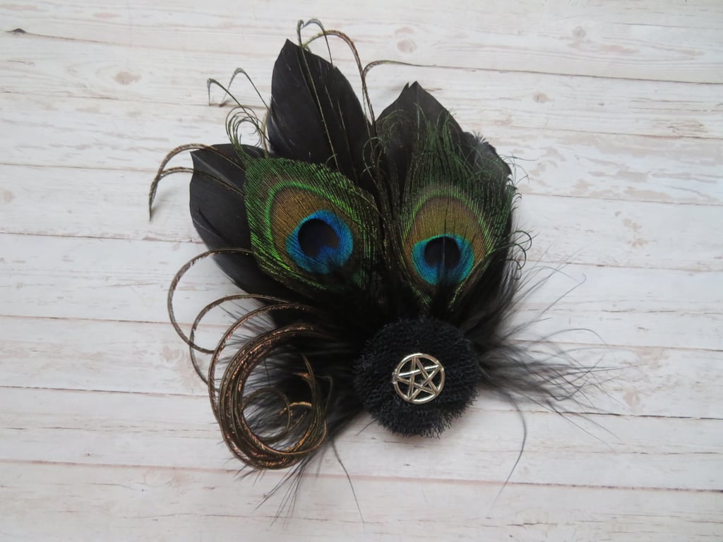 Black & Silver Small Peacock Feather Pentagram Witchy Goth Hair Clip 