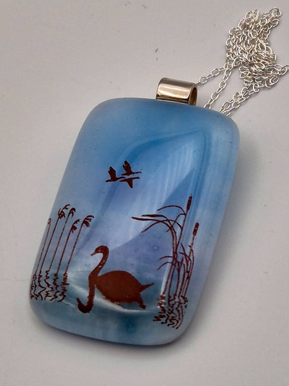 Swan on Blue Water, Fused Glass Pendant with Sterling Silver Findings
