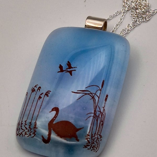 Swan on Blue Water, Fused Glass Pendant with Sterling Silver Findings