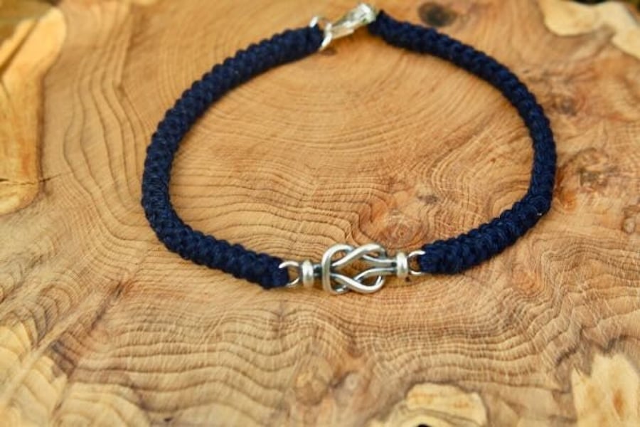 Navy Cotton Bracelet with Silver Knot, Cotton Anniversary Gift, 2nd Anniversary 