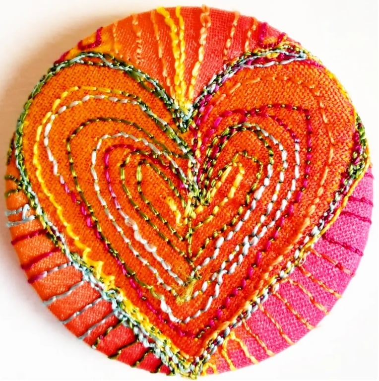 38mm Hand Dyed Fabric Heart Badge with Free Machine Embroidery 