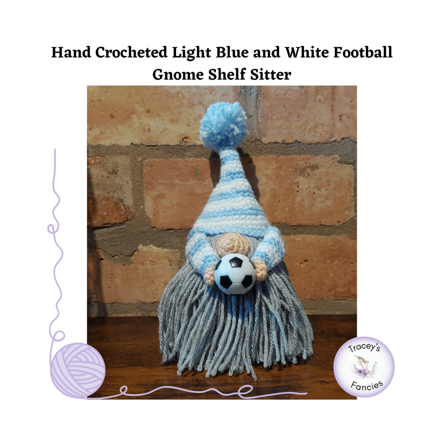 Hand crochet light blue and white football gnome collectable