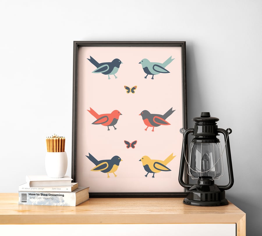 Pink Print with Multicoloured Birds