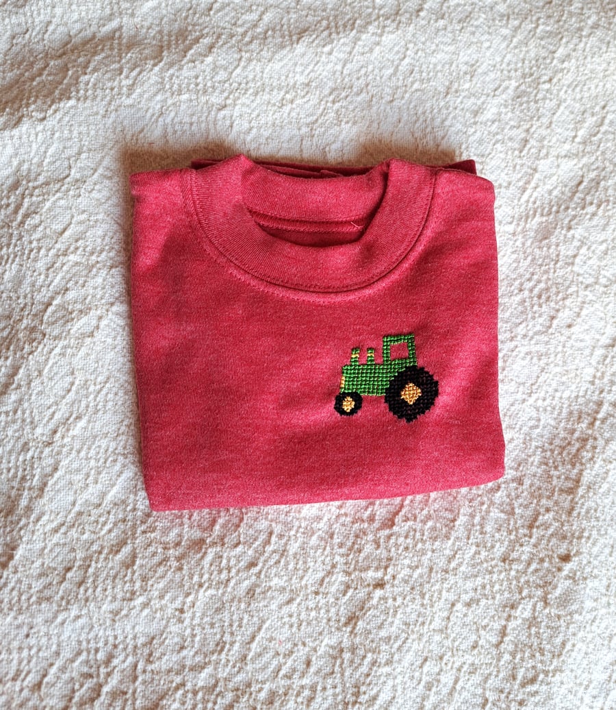 Tractor T-shirt, age 3-6 months, hand embroidered