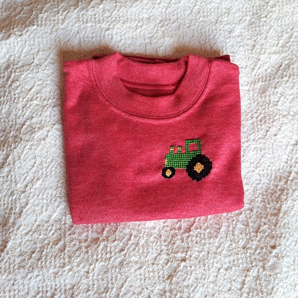 Tractor T-shirt, age 3-6 months, hand embroidered