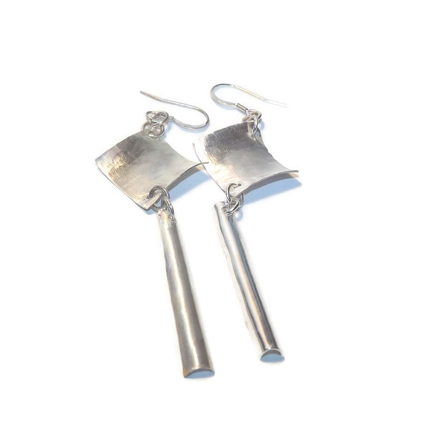 Long sterling silver square drop earrings