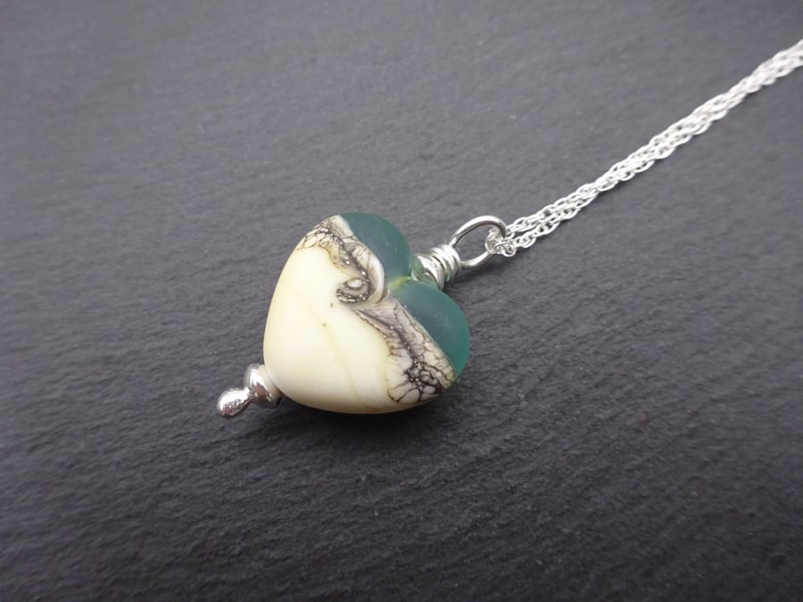 lampwork glass aqua heart pendant necklace, sterling silver chain jewellery